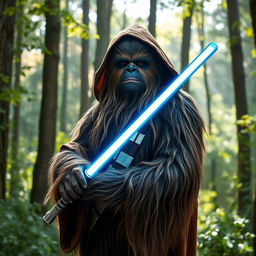 A Wookiee Jedi wearing a traditional brown robe, standing in a forest setting surrounded by tall trees and dappled sunlight filtering through the leaves
