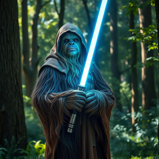 A Wookiee Jedi wearing a traditional brown robe, standing in a forest setting surrounded by tall trees and dappled sunlight filtering through the leaves