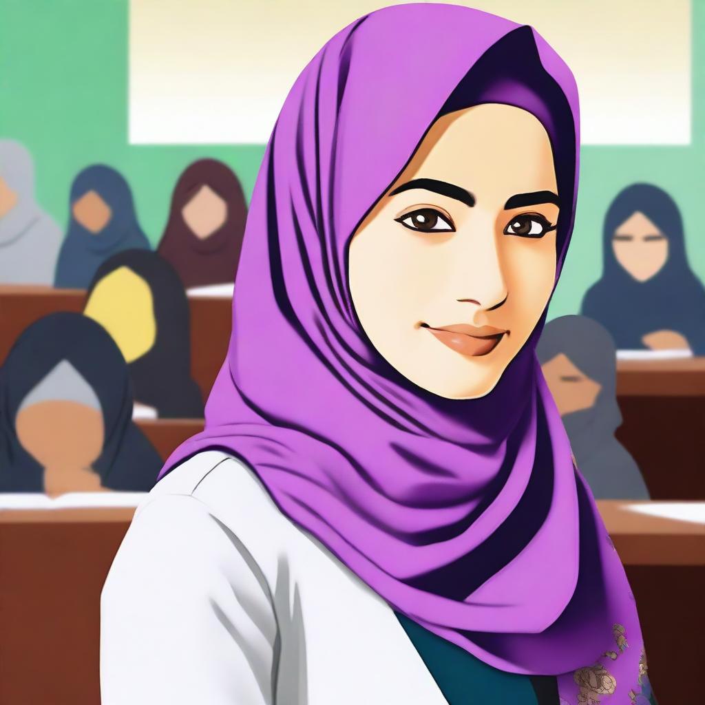 A vibrant digital art image showcasing a female teacher in Indonesia, wearing a hijab