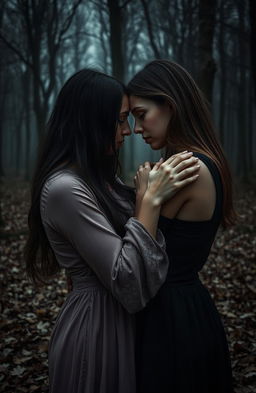 A poignant scene depicting two women in an intimate embrace, conveying a sense of deep emotion and connection amidst a backdrop of shadows and somber colors
