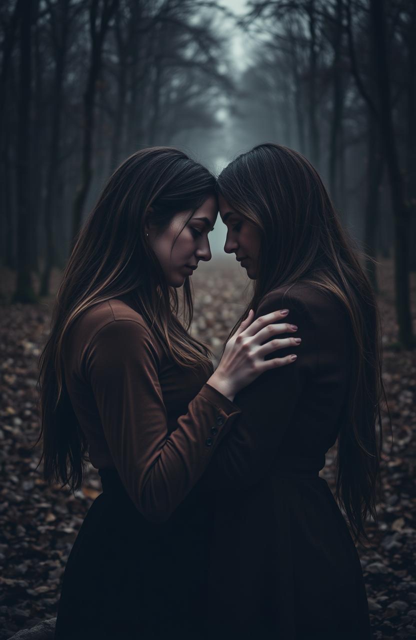 A poignant scene depicting two women in an intimate embrace, conveying a sense of deep emotion and connection amidst a backdrop of shadows and somber colors