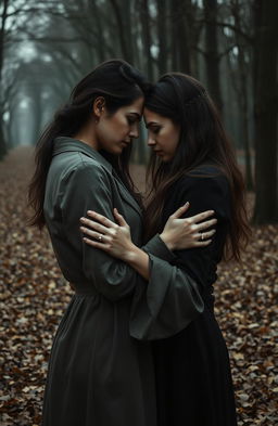 A poignant scene depicting two women in an intimate embrace, conveying a sense of deep emotion and connection amidst a backdrop of shadows and somber colors