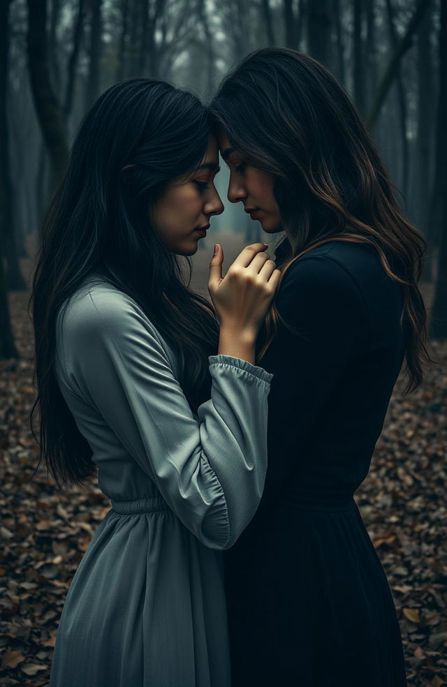 A poignant scene depicting two women in an intimate embrace, conveying a sense of deep emotion and connection amidst a backdrop of shadows and somber colors