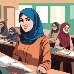 A vibrant digital art image showcasing a female teacher in Indonesia, wearing a hijab