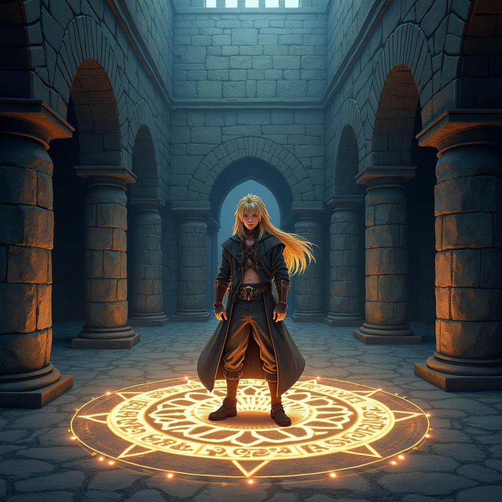 An 'Elchemist' standing confidently in the center of a detailed transmutation circle, surrounded by ancient stone walls in an atmospheric, dimly lit stone courtyard