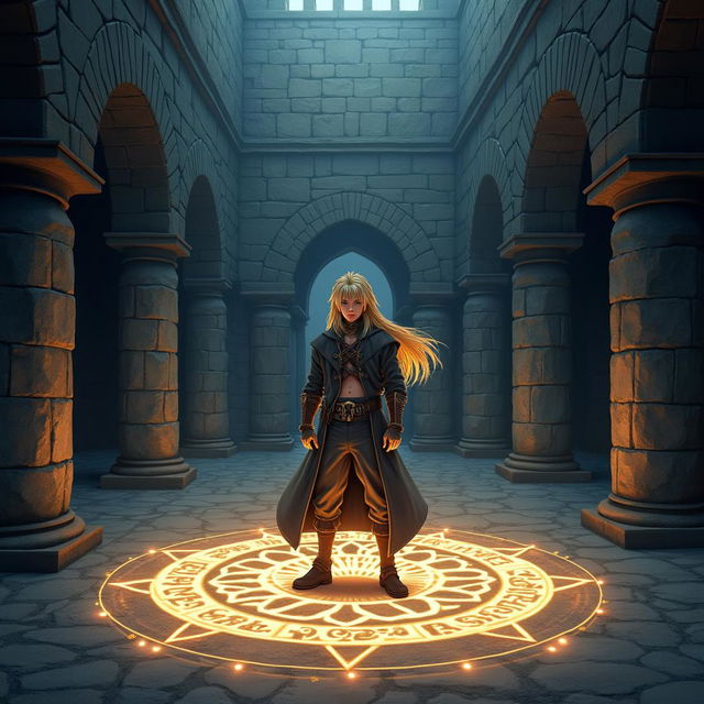 An 'Elchemist' standing confidently in the center of a detailed transmutation circle, surrounded by ancient stone walls in an atmospheric, dimly lit stone courtyard