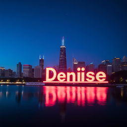 A beautifully illuminated marquee sign spelling the name 'Denise' against the backdrop of the Chicago skyline at night