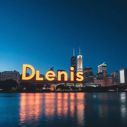 A beautifully illuminated marquee sign spelling the name 'Denise' against the backdrop of the Chicago skyline at night