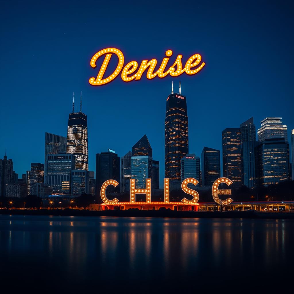 A beautifully illuminated marquee sign spelling the name 'Denise' against the backdrop of the Chicago skyline at night