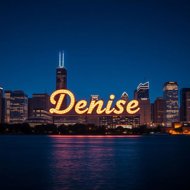 A beautifully illuminated marquee sign spelling the name 'Denise' against the backdrop of the Chicago skyline at night