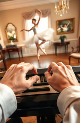 A captivating first-person perspective of hands gracefully playing a grand piano, with fingers elegantly dancing over the polished keys