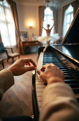 A captivating first-person perspective of hands gracefully playing a grand piano, with fingers elegantly dancing over the polished keys