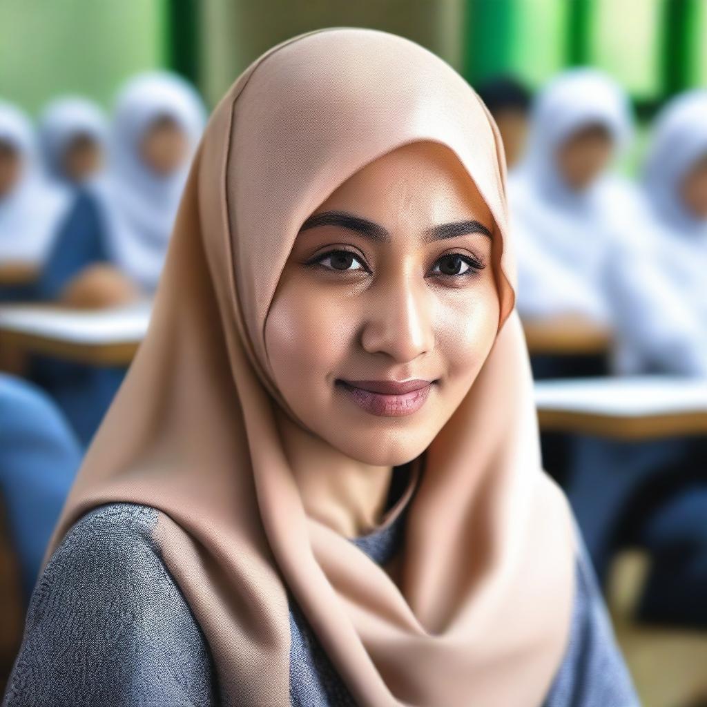 A hyper-realistic, high-definition photograph showcasing a hijab-wearing female teacher in Indonesia