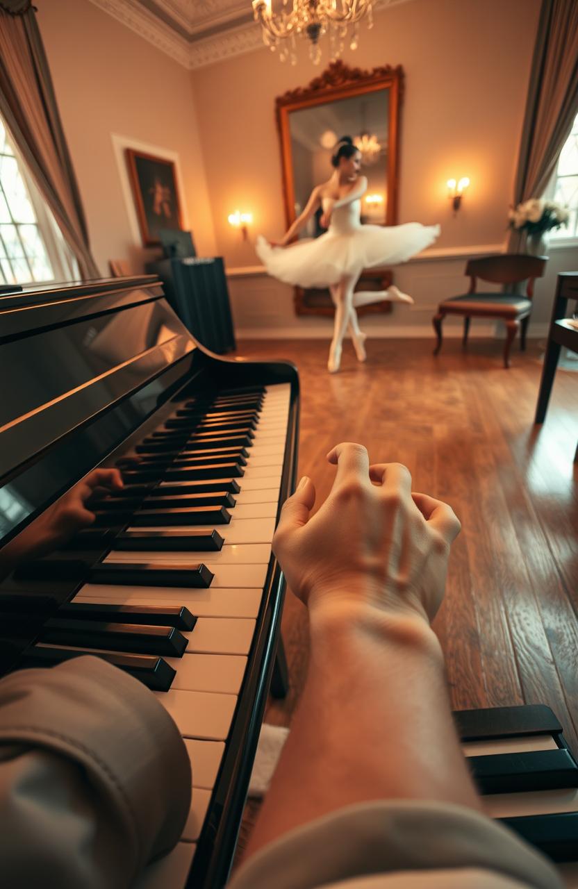 A captivating first-person perspective of hands gracefully playing a grand piano, with fingers elegantly dancing over the polished keys