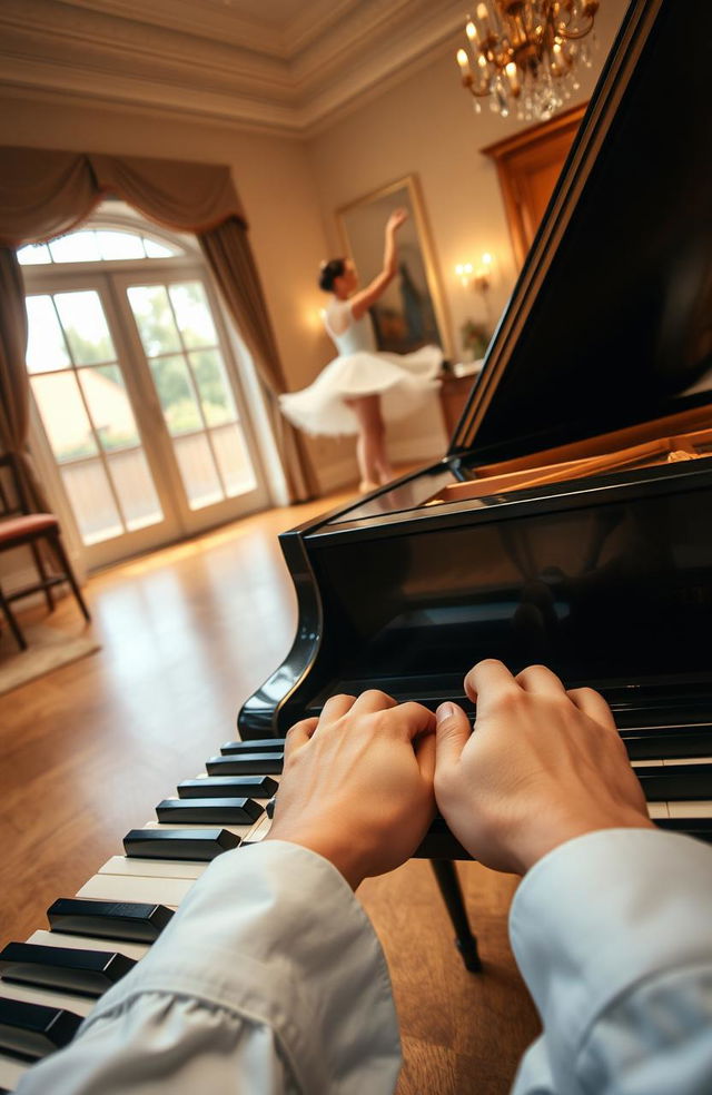 A captivating first-person perspective of hands gracefully playing a grand piano, with fingers elegantly dancing over the polished keys