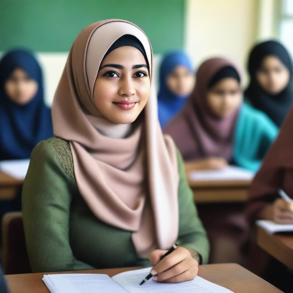 A hyper-realistic, high-definition photograph showcasing a hijab-wearing female teacher in Indonesia