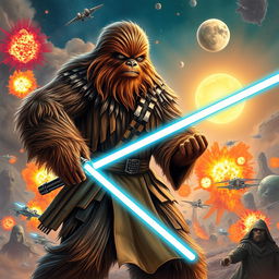 A heroic Wookiee Jedi in the midst of a vibrant galactic battlefield, wielding a glowing blue lightsaber