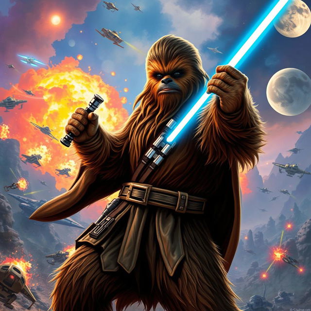 A heroic Wookiee Jedi in the midst of a vibrant galactic battlefield, wielding a glowing blue lightsaber