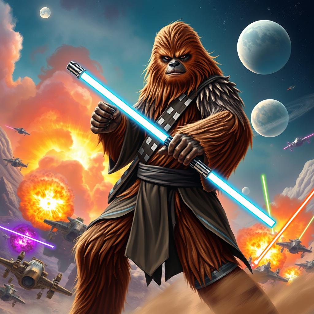 A heroic Wookiee Jedi in the midst of a vibrant galactic battlefield, wielding a glowing blue lightsaber