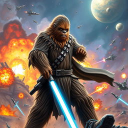 A heroic Wookiee Jedi in the midst of a vibrant galactic battlefield, wielding a glowing blue lightsaber