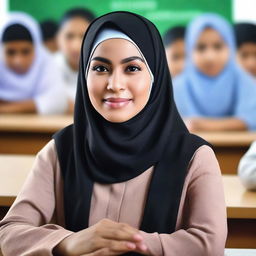 A hyper-realistic, high-definition photograph showcasing a hijab-wearing female teacher in Indonesia
