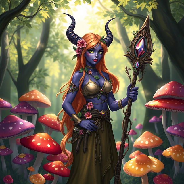 A female tiefling druid with striking violet skin and vibrant orange hair, adorned with natural elements like flowers and leafy accessories