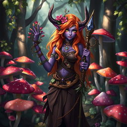 A female tiefling druid with striking violet skin and vibrant orange hair, adorned with natural elements like flowers and leafy accessories