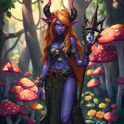 A female tiefling druid with striking violet skin and vibrant orange hair, adorned with natural elements like flowers and leafy accessories