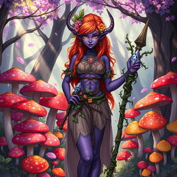 A female tiefling druid with striking violet skin and vibrant orange hair, adorned with natural elements like flowers and leafy accessories