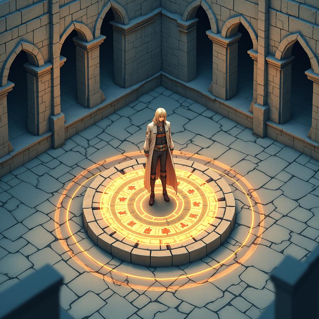 An Alchemist standing in the middle of a detailed transmutation circle, depicted in a stone courtyard from a 3D isometric perspective