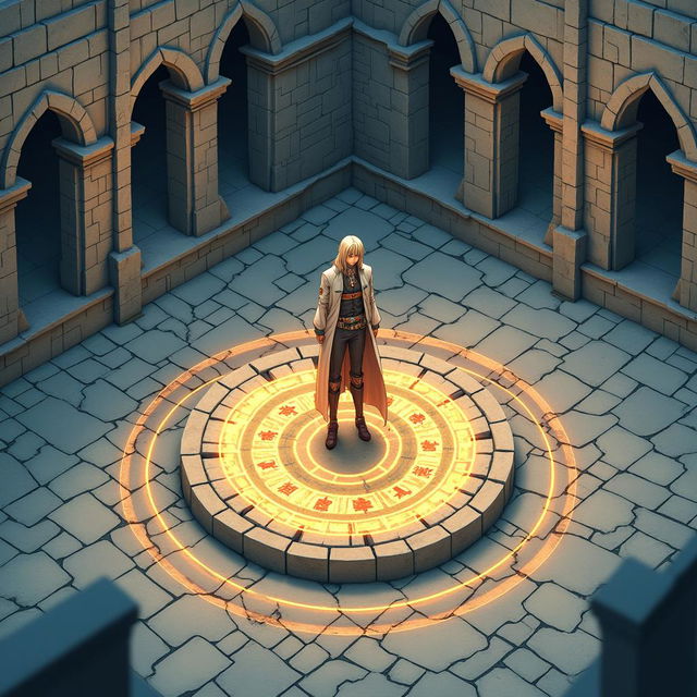 An Alchemist standing in the middle of a detailed transmutation circle, depicted in a stone courtyard from a 3D isometric perspective