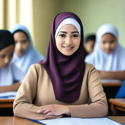 A hyper-realistic, high-definition photograph showcasing a hijab-wearing female teacher in Indonesia