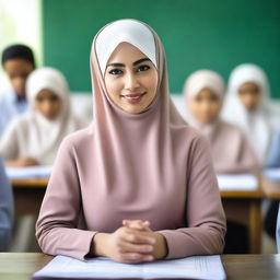 A hyper-realistic, high-definition photograph of a hijab-wearing woman teaching in front of a class in Indonesia