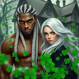 A tall, powerful young man with a handsome and strong physique, dark skin, and striking black narrow eyes, adorned with long white hair that is intricately braided