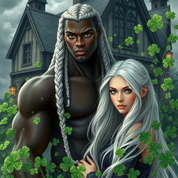 A tall, powerful young man with a handsome and strong physique, dark skin, and striking black narrow eyes, adorned with long white hair that is intricately braided