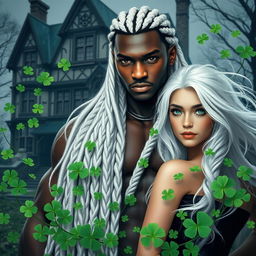A tall, powerful young man with a handsome and strong physique, dark skin, and striking black narrow eyes, adorned with long white hair that is intricately braided