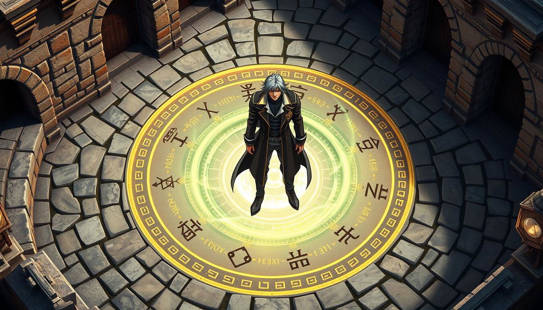 An Alchemist standing in the center of a meticulously designed transmutation circle, located in a stone courtyard viewed from a 3D isometric angle