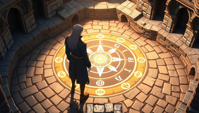 An Alchemist standing in the center of a meticulously designed transmutation circle, located in a stone courtyard viewed from a 3D isometric angle