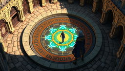 An Alchemist standing in the center of a meticulously designed transmutation circle, located in a stone courtyard viewed from a 3D isometric angle