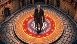 An Alchemist standing in the center of a meticulously designed transmutation circle, located in a stone courtyard viewed from a 3D isometric angle