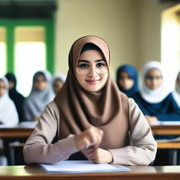 A hyper-realistic, high-definition photograph of a hijab-wearing woman teaching in front of a class in Indonesia