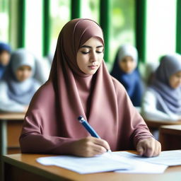 A hyper-realistic, high-definition photograph of a hijab-wearing woman teaching in front of a class in Indonesia