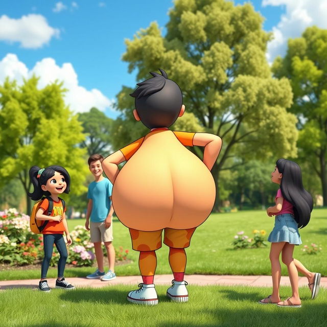 A playful, humorous scene featuring a cartoonish character with a large, exaggerated backside, standing in a lively park setting