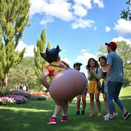 A playful, humorous scene featuring a cartoonish character with a large, exaggerated backside, standing in a lively park setting