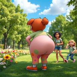 A playful, humorous scene featuring a cartoonish character with a large, exaggerated backside, standing in a lively park setting