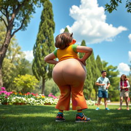A playful, humorous scene featuring a cartoonish character with a large, exaggerated backside, standing in a lively park setting