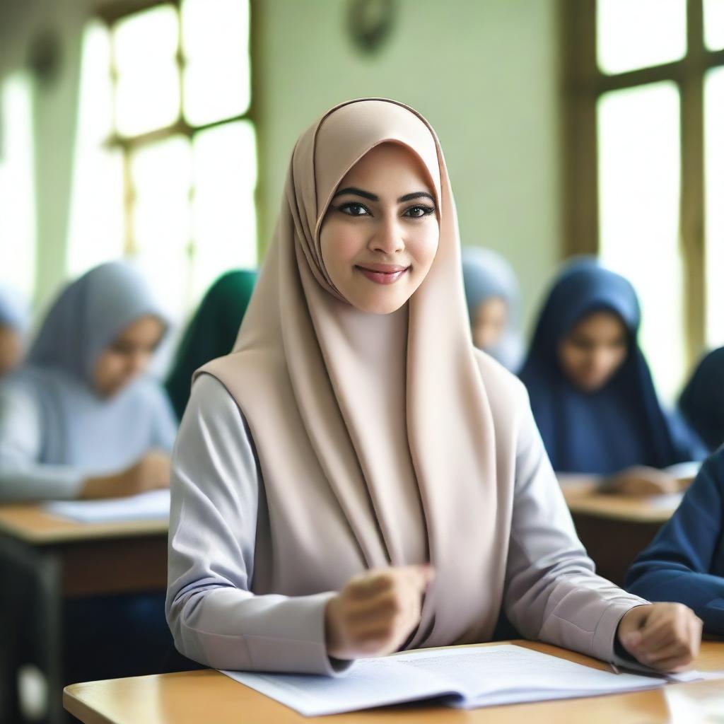 A hyper-realistic, high-definition photograph of a hijab-wearing woman teaching in front of a class in Indonesia