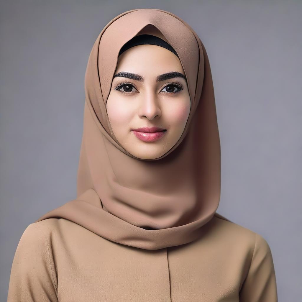 A hyper-realistic, high-definition photograph of a hijab-wearing woman in Indonesia, dressed in a light brown uniform