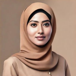 A hyper-realistic, high-definition photograph of a hijab-wearing woman in Indonesia, dressed in a light brown uniform