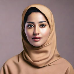 A hyper-realistic, high-definition photograph of a hijab-wearing woman in Indonesia, dressed in a light brown uniform